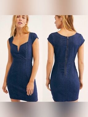 Free People Lia Denim Mini Dress with Cap Sleeves and Sweetheart Neckline